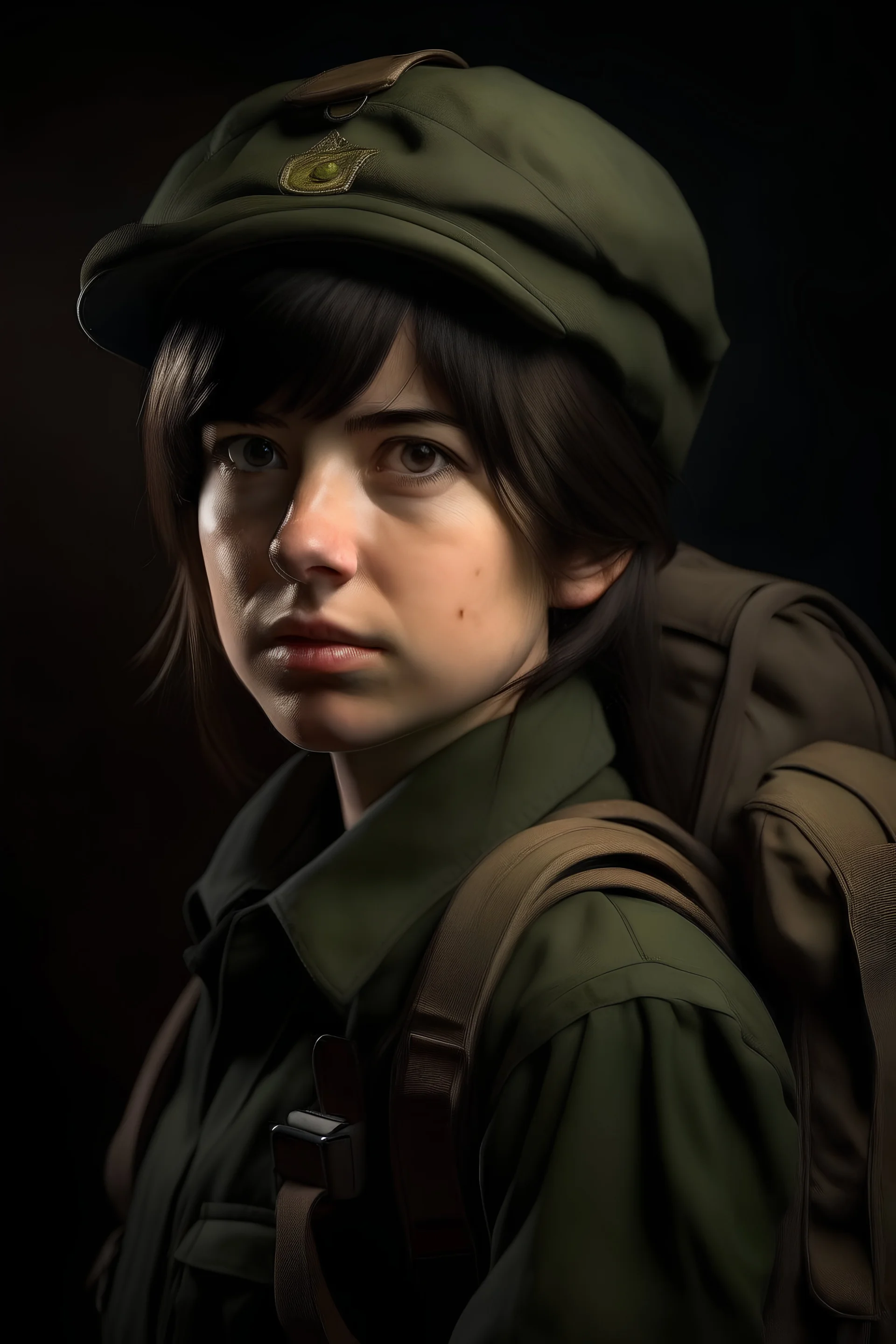 portrait dora wit a millitary backpack