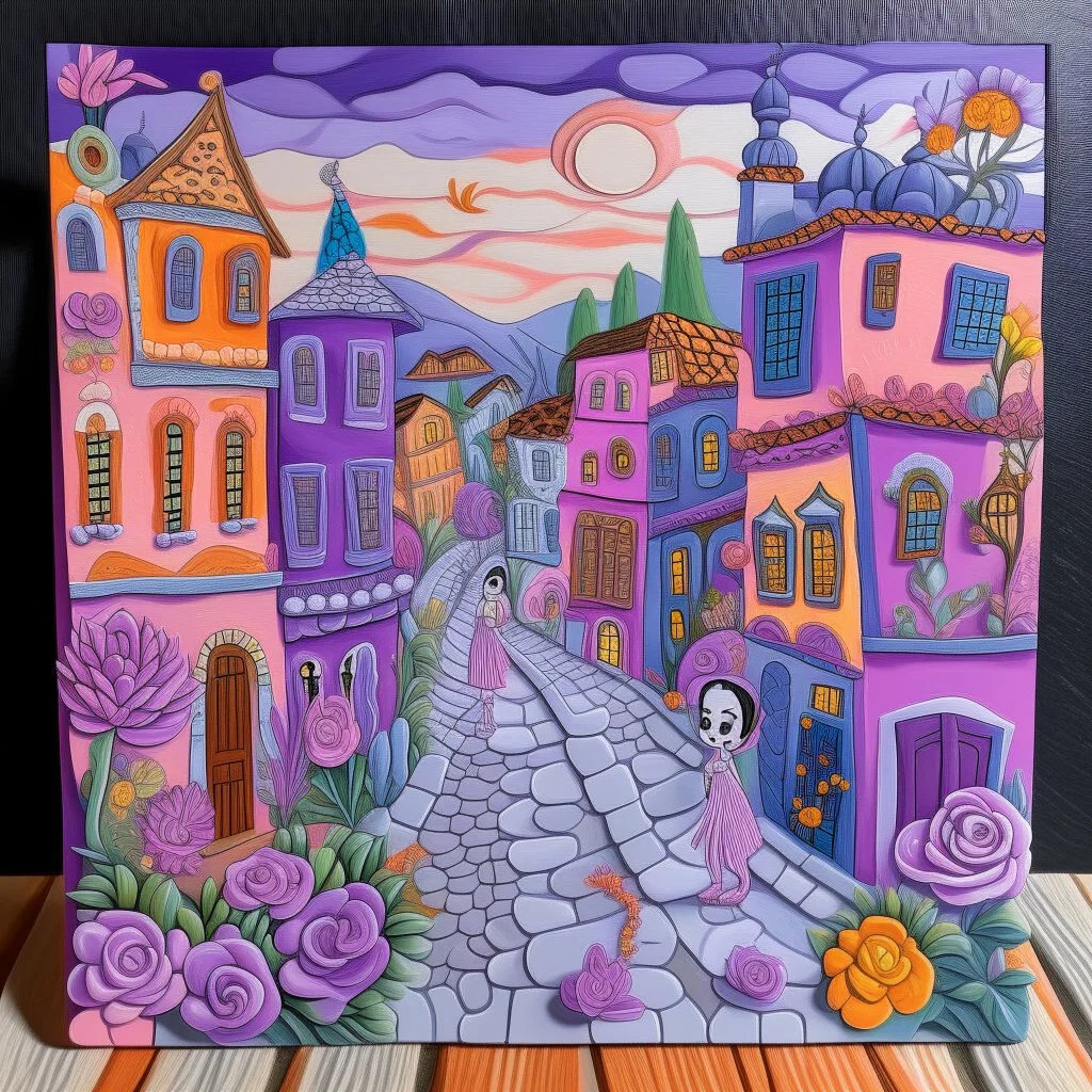 A light purple Day of the Dead themed town designed in Mexican folk art painted by Cai Jia