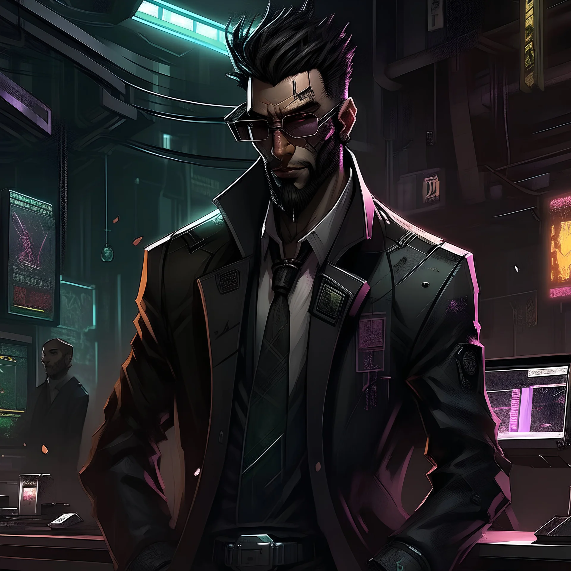 Generate a visually striking digital artwork of a Cyberpunk fixer who operates a casino. The fixer is characterized by being short and heavier in build, exuding an air of authority and cunning. His distinct features include greasy black combed-over hair, reminiscent of a classic James Bond villain. The fixer is impeccably dressed in a tacky yet stylish suit that complements his unique persona. The casino setting should be reflected in the background, with neon lights, futuristic elements, and an