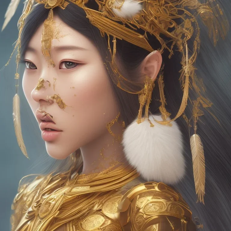 a wonderfull japanese woman, curves, indigenous clothing, silver long hair, hair covering one eye, ultradetailed fine art photo of a indian, weet face portrait, snow flakes particles, 8 mm lens, golden ratio composition, detailed face, studio photography, very detailed,masterpiece, artstation, 8 k, highly coherent