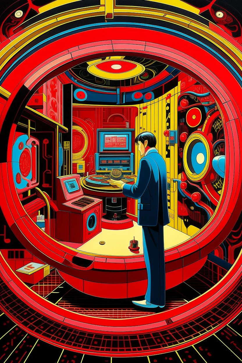 inside the machine in the style of Hiroshi Nagai