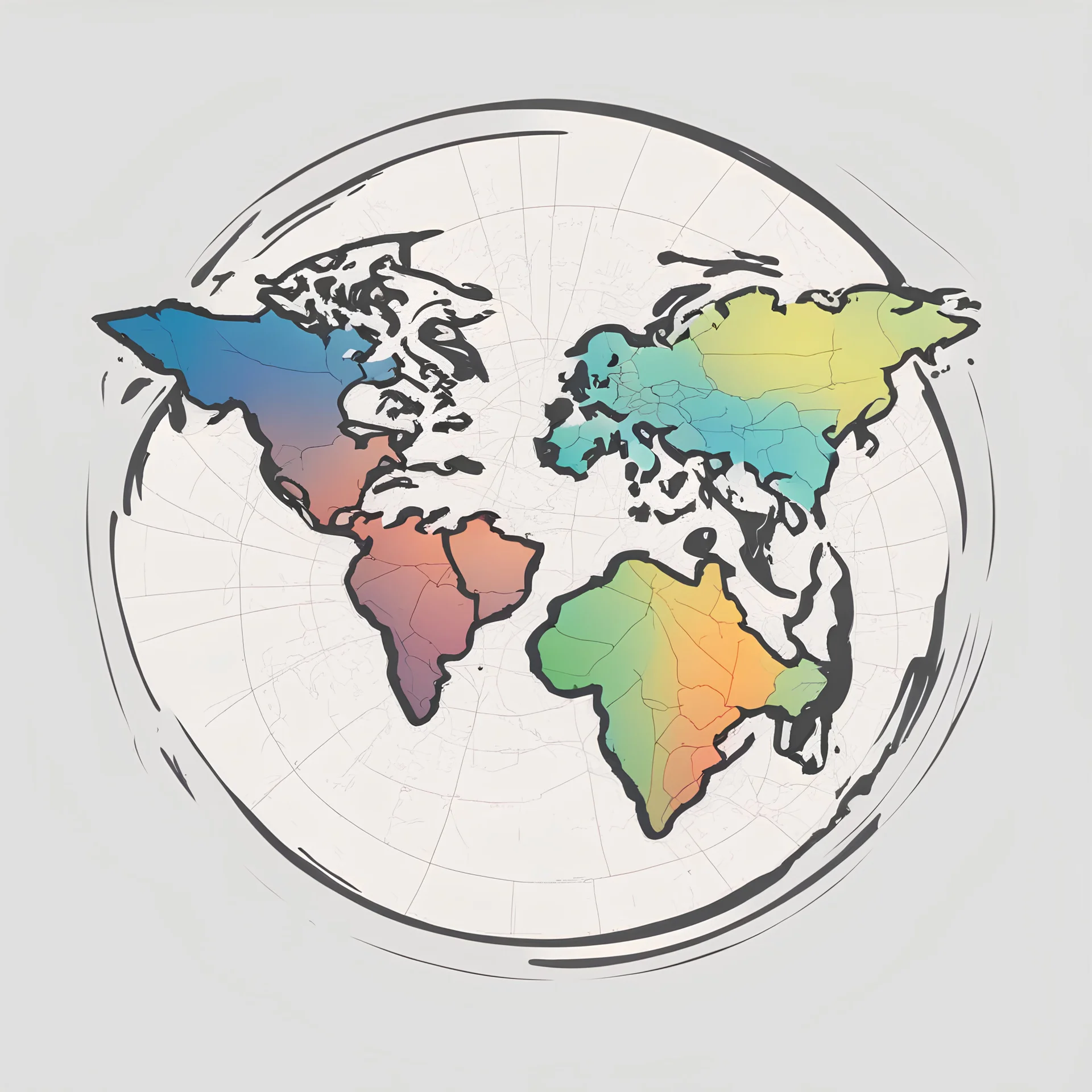 Logo, map of the world, simple thick sketch, transparent background, colors