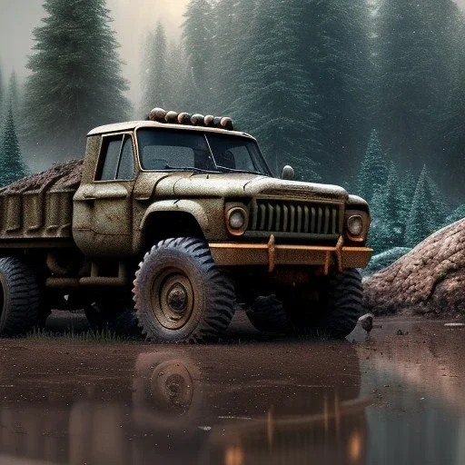 stylized hyperrealistic shot, muddy aggressive military toy truck, monotone color palette, sharp focus, puddle reflection, tire water splash, refraction, overcast, rocky terrain with huge boulders, detailed and intricate, cinematic composition, micro, tilt shift photography, unreal engine 5, octane render, 8k, cinematic lighting