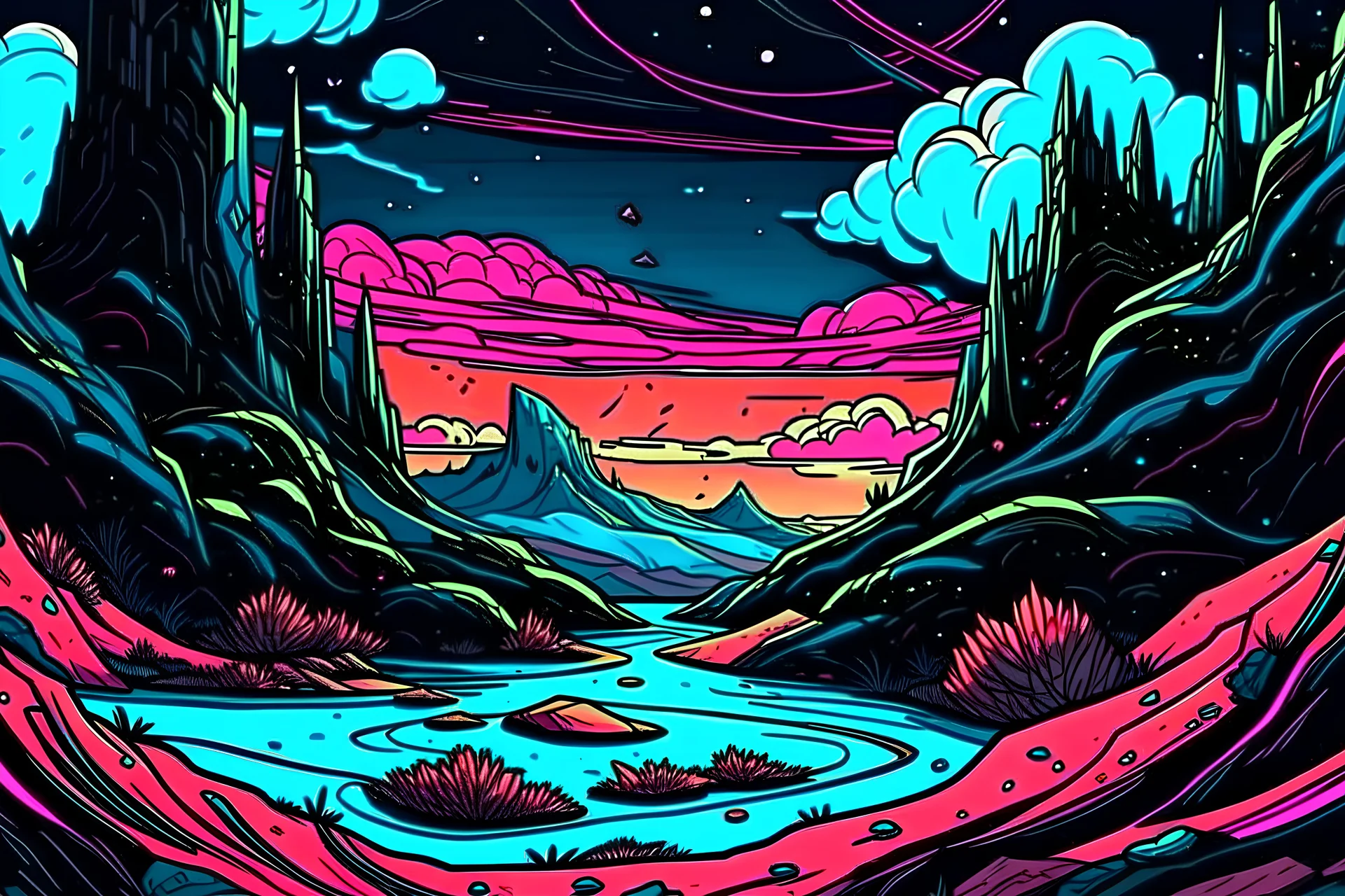 comic style immersive surreal landscape