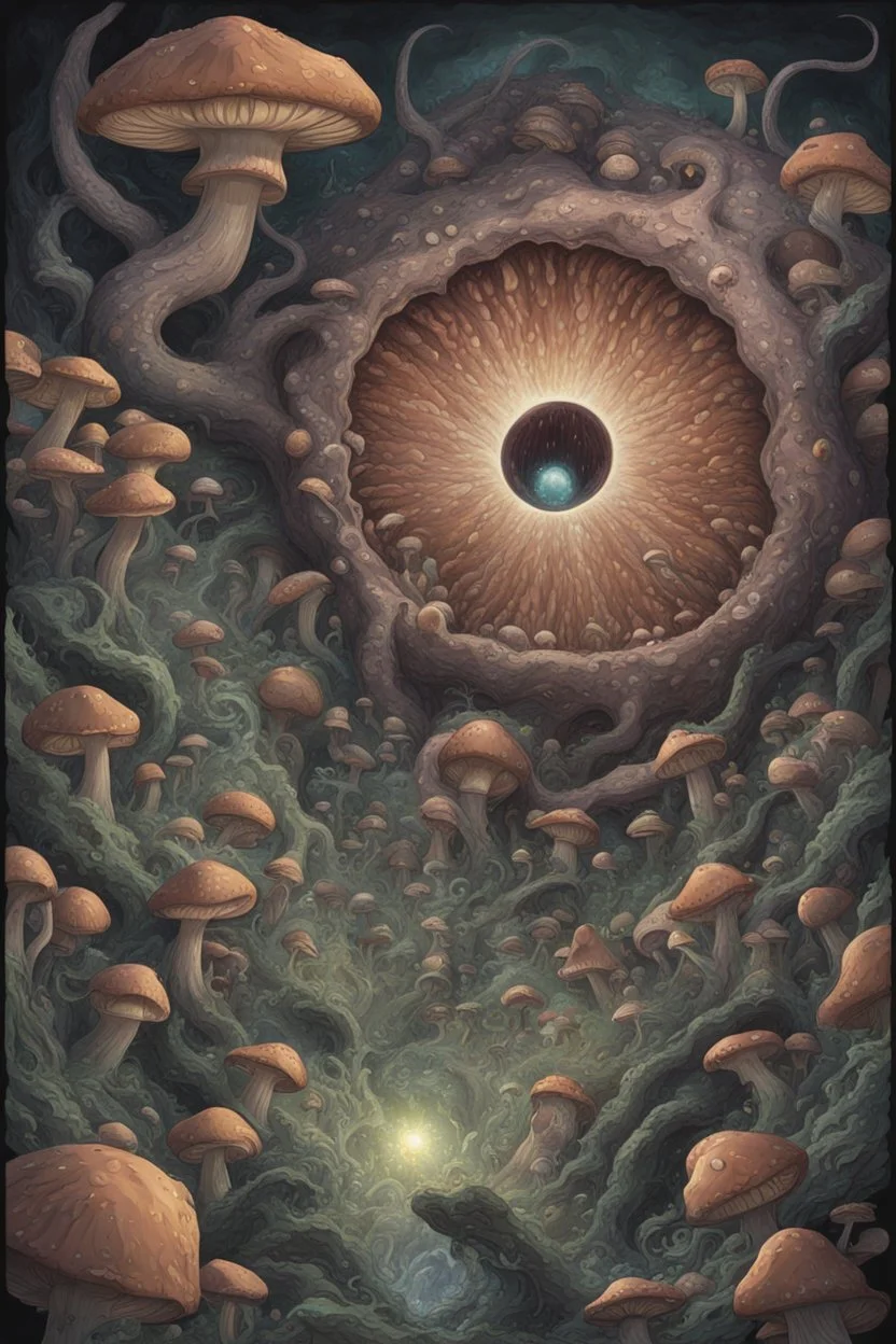 Looking into a black hole, hundreds of huge mushroom-shaped creatures with massive mouths, faceted eyes and tentacles.