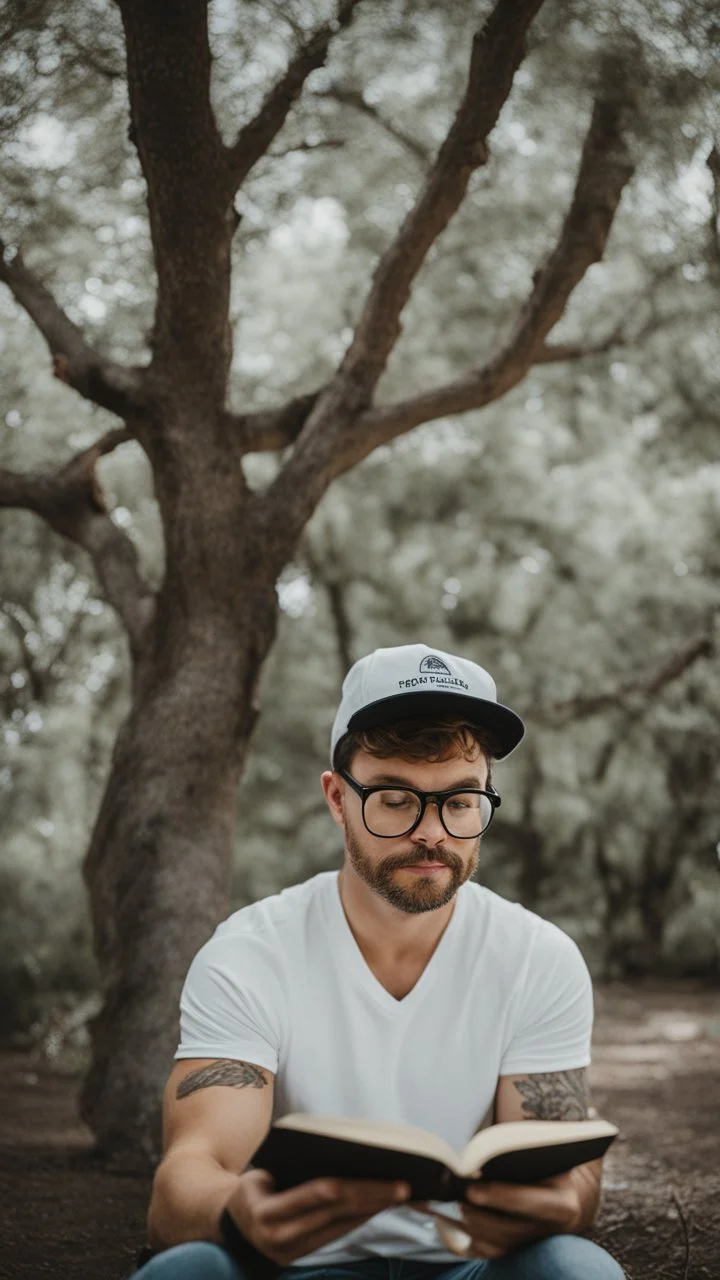 A man wearing a white Dad Hat, wearing glasses, and reading with a tree behind him, high resolution