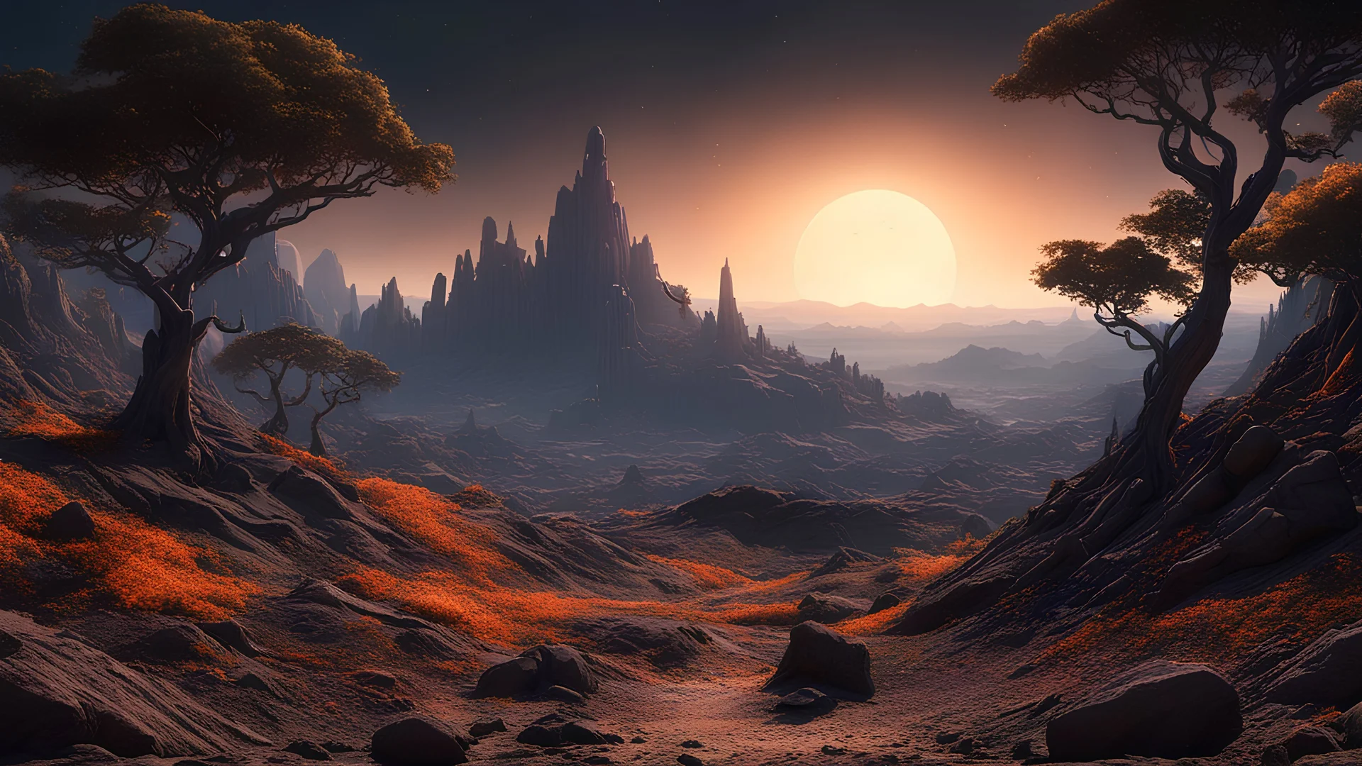 Landscape of a dark far away planet, rock and organic soil, glowing trees, UHD, masterpiece, trending on artstation, sharp focus, studio photo, intricate details, highly detailed, by greg rutkowski