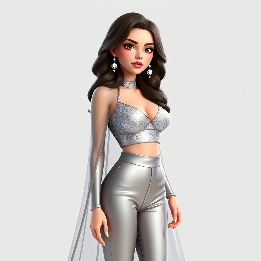 fullbody pose of A stylized 3D render of Madison Beer portrayed as a glamorous modern pop icon with a soft yet confident aura. She has radiant, porcelain skin, long voluminous dark brown hair cascading in gentle waves, and captivating hazel eyes framed by bold lashes and shimmering makeup. Her outfit is a chic, form-fitting ensemble—a glittering silver crop top paired with high-waisted satin pants and a long translucent cape that flows behind her, catching the light. Delicate jewelry—crystal ear