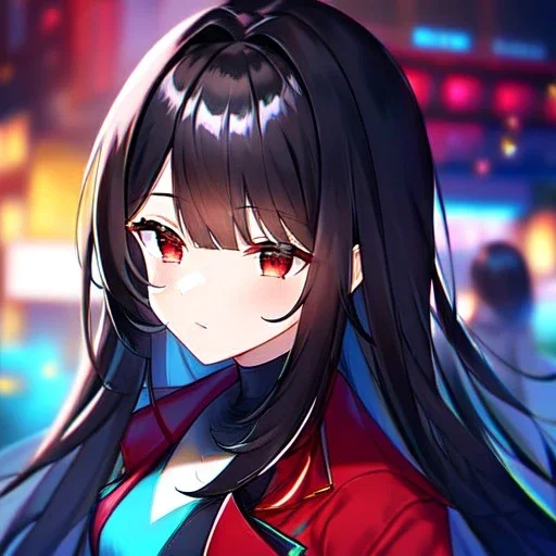 Clear focus, 8k, high quality, detailed, beautiful lighting, girl, vibrant colors, black hair, vibrant red eyes, jacket,