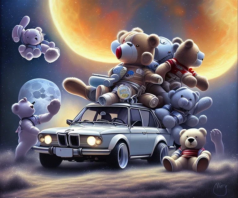 little boy and big teddy bears on moon. drifting in old bmw. oil on canvas