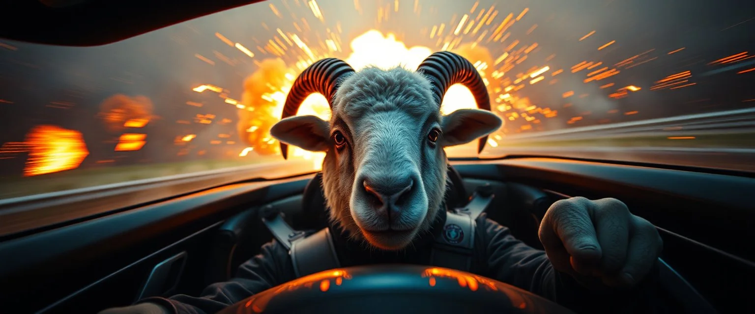 weird perspective worried human race car driver close up portrait of dj sheep skunk pilot looking down on cam, with background in the style of escher and giger, a chill contrapunctus fugue in the style of fsol, beethoven, goa trance breaks, dancefloor drum and bass, burning cars, fire and explosions
