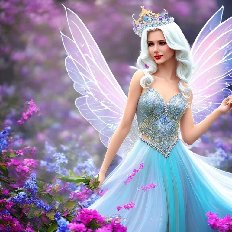 Fantasy fairy with transparent wings, smiling, make up, long platinum blond hair with crown and flowers, blue dress, flower background