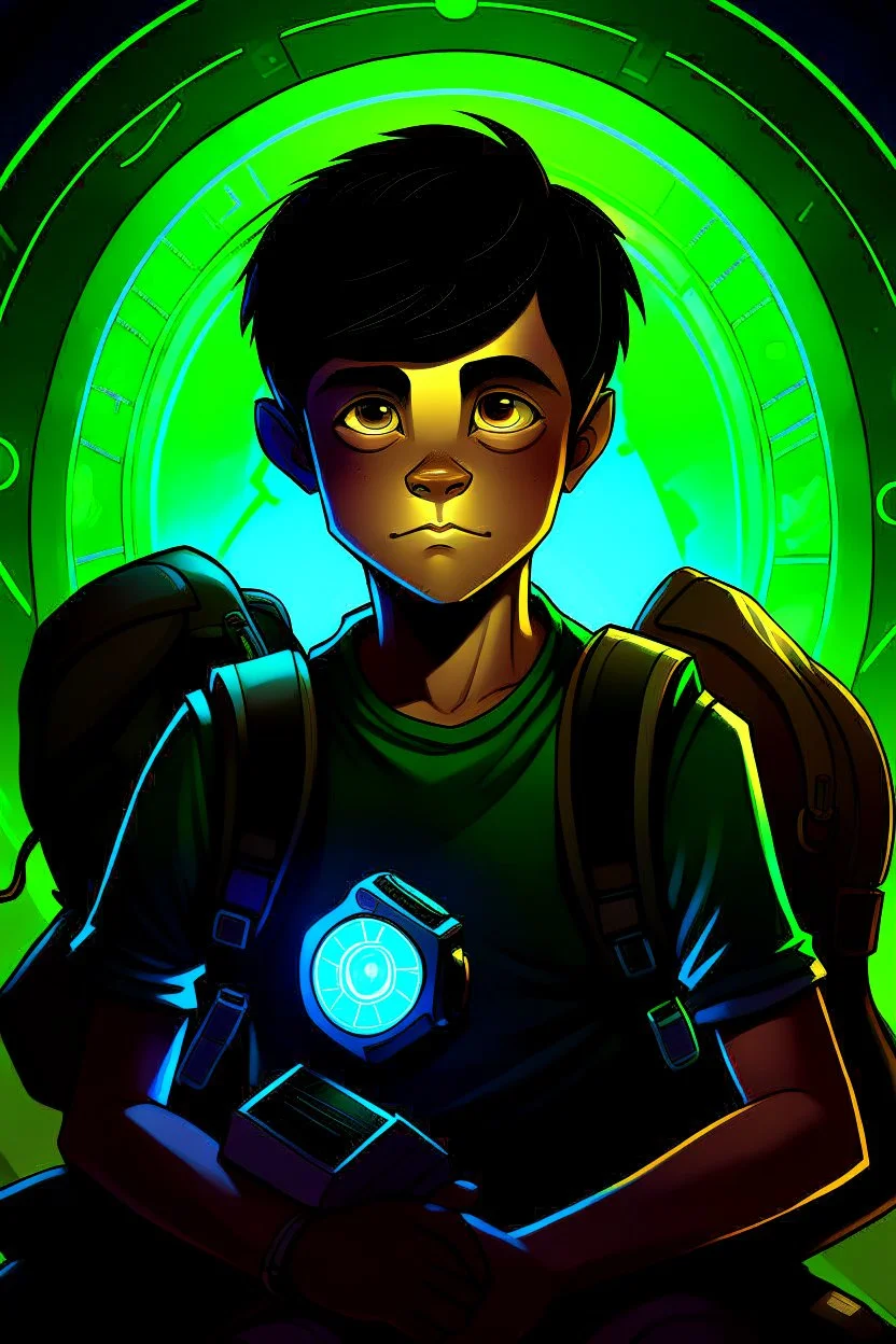 gimme a book cover photo which a boy 11 year old with dark hair in the dark with a backpack and a watch who is laying unconisous AND NOT WITHOUT A PORTAL