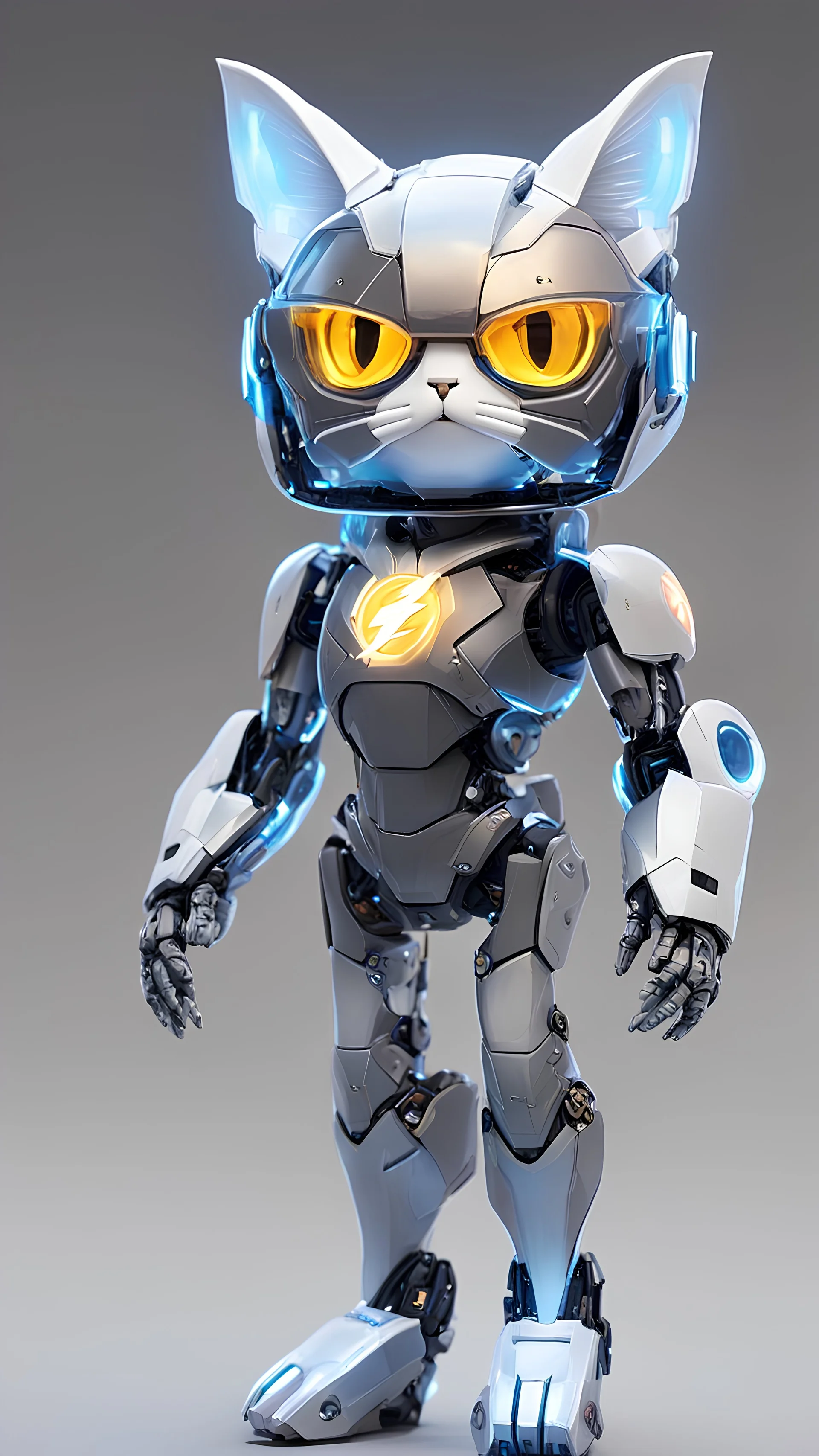 (robotic cat humanoid form inspired the flash,logo on tie , the flash armour full body ,: 1.3), ((blind box toy style:1.3)), (full body shot), a cute transparent robot cat, Transparent Mech, Exquisite Helmet cat :1.2, Glasses:1.2, Cyberpunk, dreamy glow , bright neon lights, clean, white background, (global illumination, ray traching, HDR, unrealistic render, reasonable design, high detail, master part, best quality, hyper HD, cinematic lighting)