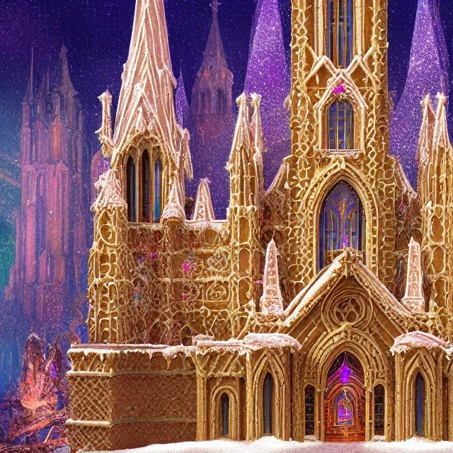 grand cathedral made of gingerbread with vibrant rock candy as windows, frosting, 8k resolution, centered, high-quality, ultrafine-detail, ornate, digital art, flickering light, baroque, volumetric lighting, illustration, 3D octane render, brian froud, howard lyon, George Grie, greg rutowski,