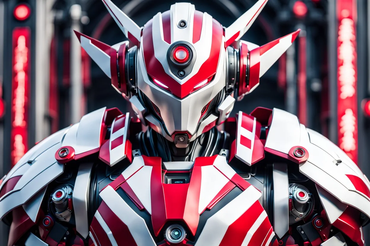 big robot with red and white color schemes, in the style of fairy academia, hard-edge style, agfa vista, dynamic pose, oshare kei, hurufiyya, rtx, close picture, intricate details, highly detailed, high details, detailed portrait, masterpiece,ultra detailed, ultra quality