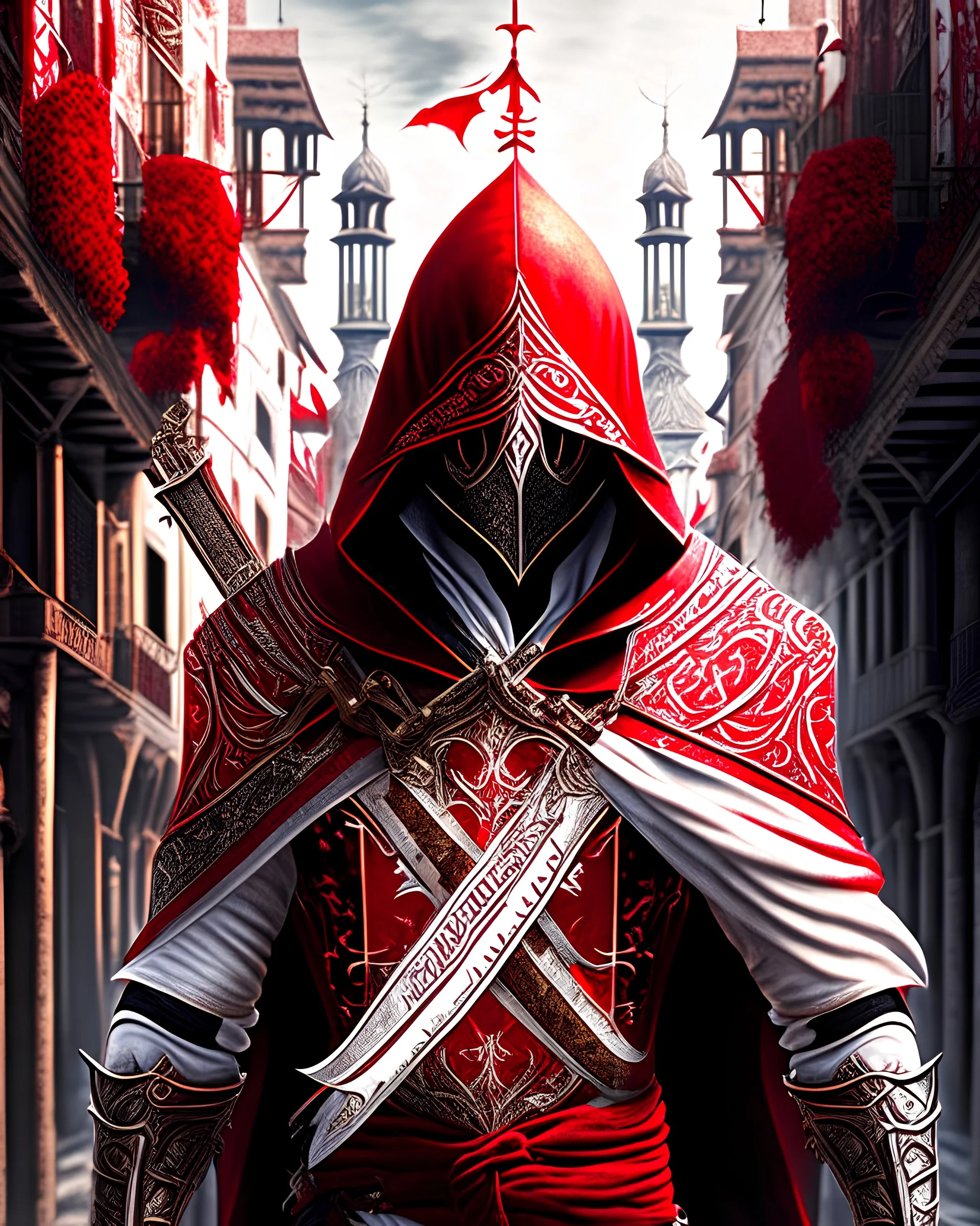 Assassin creed con dagas y espadas caminando de frente por Venezia símbolo en el pecho arte digital hiperdetallado detalles intrincados obra de arte rojo blanco 8k