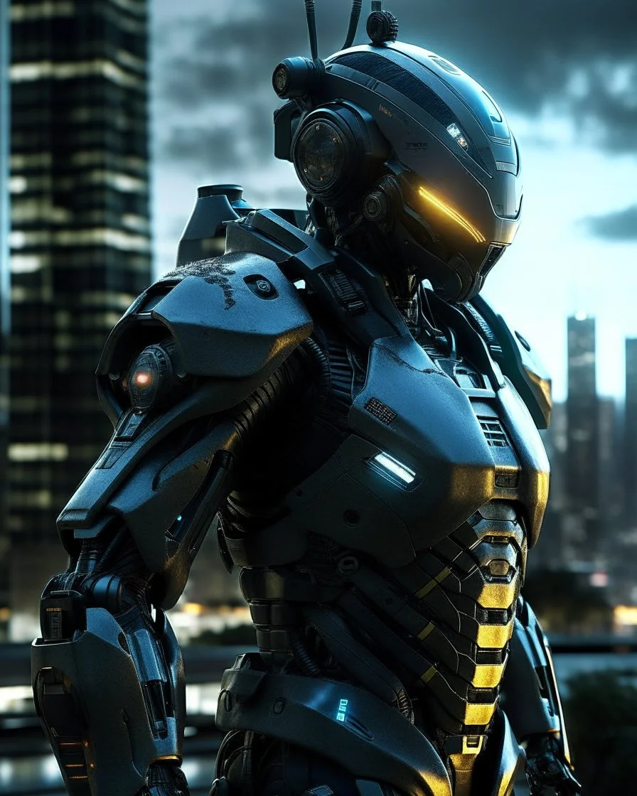 Create an image of a Cyberpunk Robot in a highly detailed and advanced armored suit, similar to the one shown but with even more intricate designs and cool features. The armor should have a sleek, futuristic look with glowing elements and enhanced gadgets visible on the suit. The setting is at dusk in an urban environment, with the character standing on a high-rise building overlooking a futuristic cityscape that reflects the advanced technology of the world they are protecting.