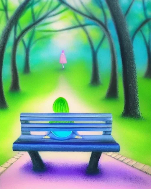 park mystical dream, park bench, man, woman, child, dog, trees, path, bird, sunshine, mystical, fantasy, romanticism, pastel colors, daylight, daytime, acrylic painting, detailed, soft focus,