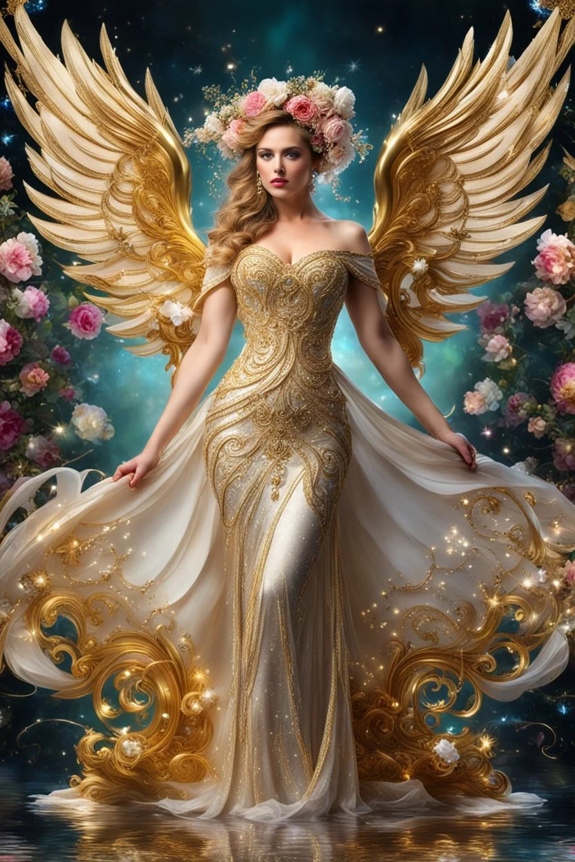 Photography Angel wearing a magical gown of swirly flowing marble water gold filigree curlicues, flowering flowers, bloom, sparkle, ornamental gilt, diamonds, rubies, emeralds, sapphires, beautiful, delicate, intricate, elegant, graceful, shiny, Hyperrealism, Rococo, expressive, spherical, zoom out, volumetric lighting