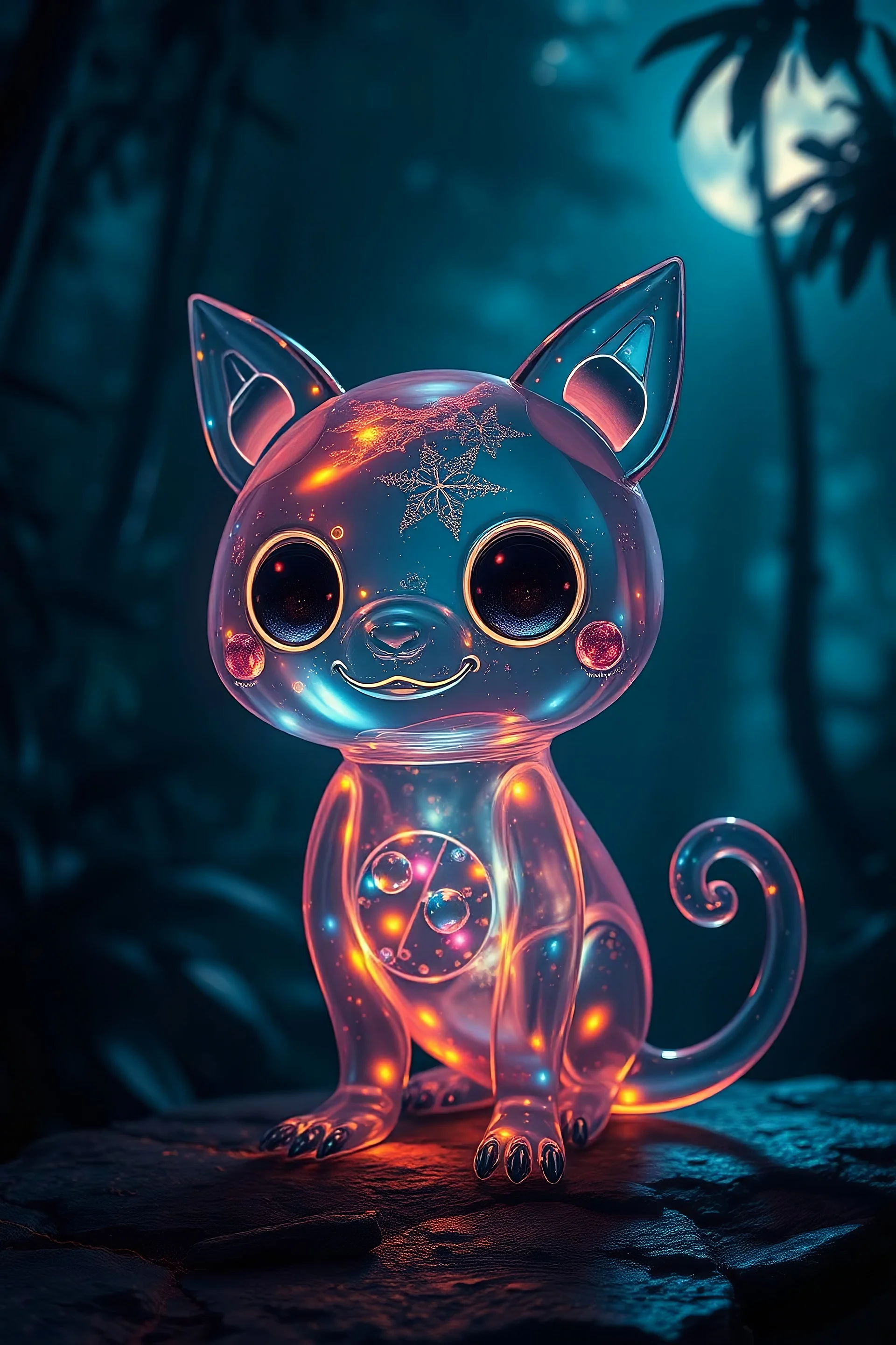 A mesmerizing, mystical scene depicting an anthropomorphic glass cute creature with magical interior lighting, transparent glass texture, dark rainforest background illuminated by soft moonlight, surreal atmosphere.