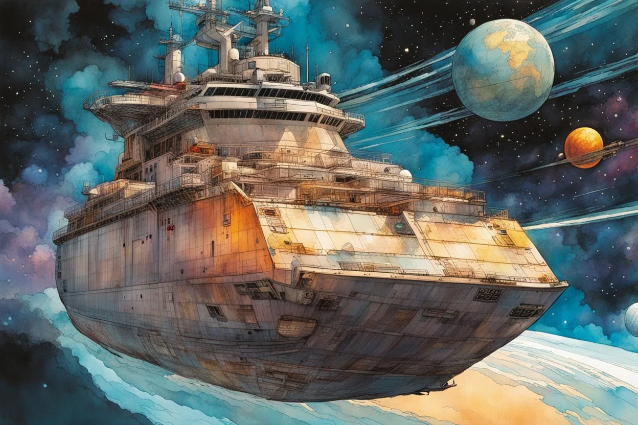 create an interstellar container ship caught in a swirling celestial maelstrom, cosmic patterns, and dreamlike scenes, stars, planets, in the comic book style of Bill Sienkiewicz and Jean Giraud Moebius, ink wash and watercolor, highly detailed and sharply defined