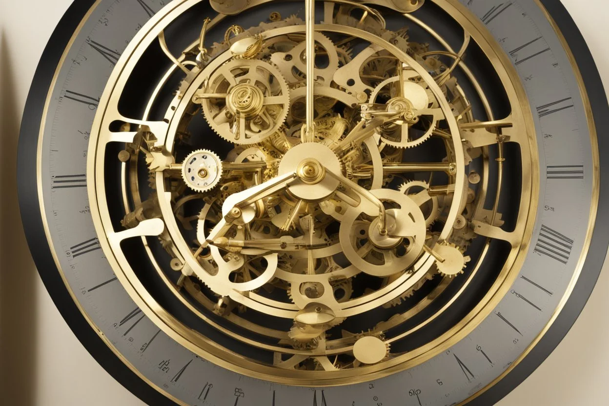 clockwork orrery, with clockfaces, cogs, springs, polished brass