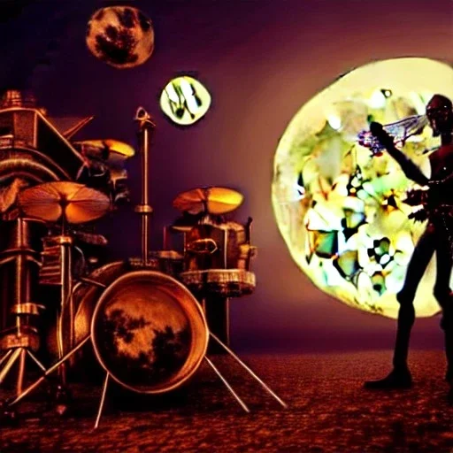 cyborg one man band, instruments, full moon background center large, steampunk style, 3d, hd