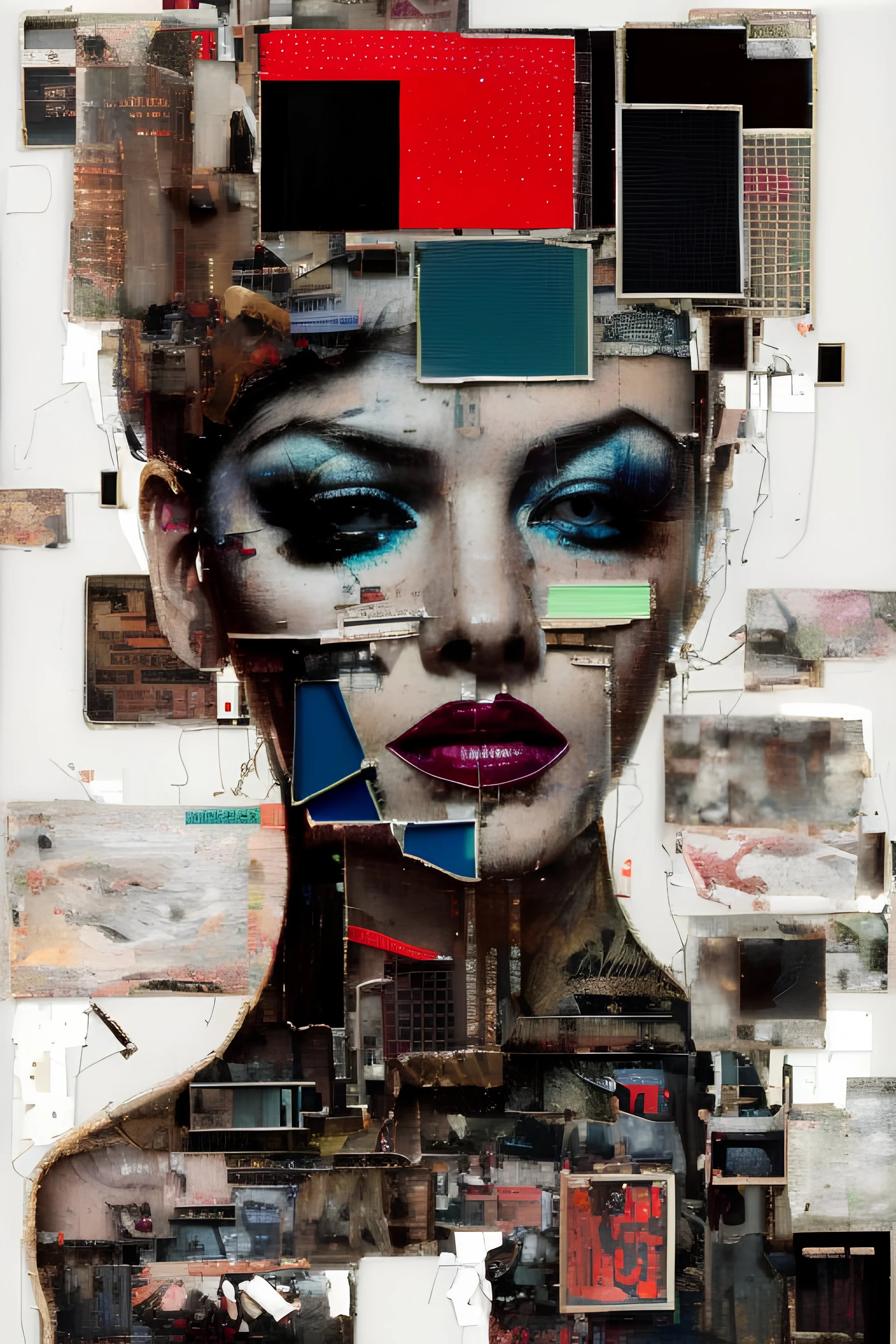 Ultra detailed medium portrait painting of a half naked woman sitting on a chair, no nudity, bended over, dark room with little light coming from an open door behind her, torn up collage of clippings, broken circuitry background, matrix effects, punk visual art, punk art aesthetic, graffiti art, pop surrealism, collage art, cluttered paint glitches