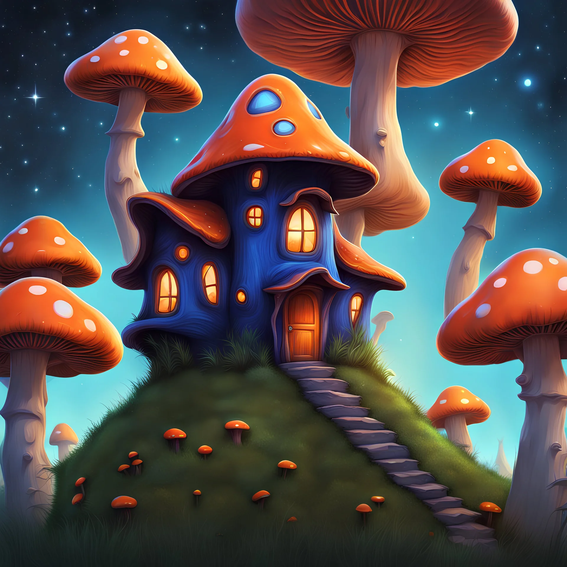 vibrant indigo and orange mushroom house on dirt pillar grassy top outer space. stars, grass, mushroom house, dirt pillar. Detailed gloss Painting, rich color, fantastical, intricate detail, splash screen, hyperdetailed, insane depth, concept art, 8k resolution, trending on artstation