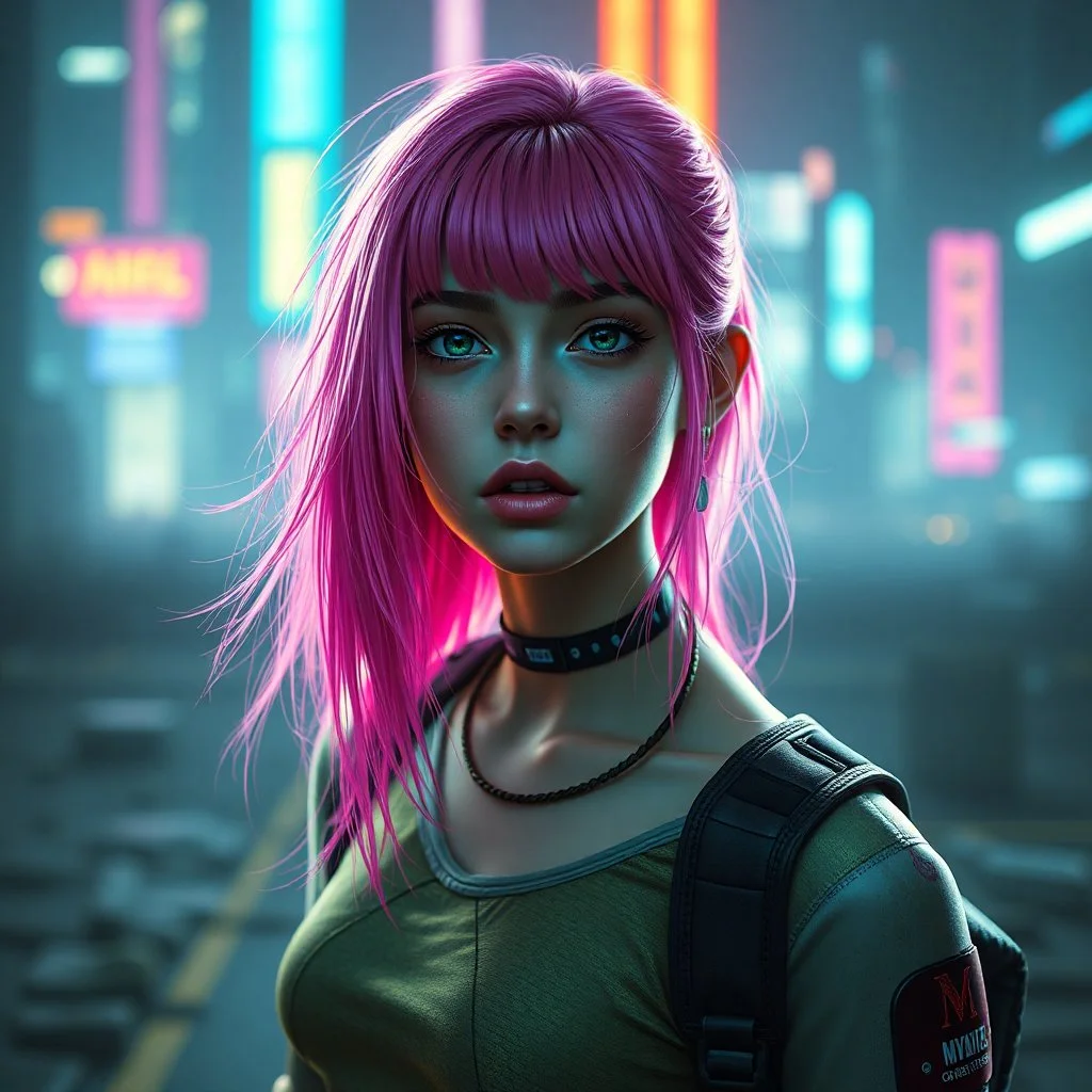 a pretty cyberpunk girl, bright hair, storyteller and dreamer, young, futuristic, dystopia