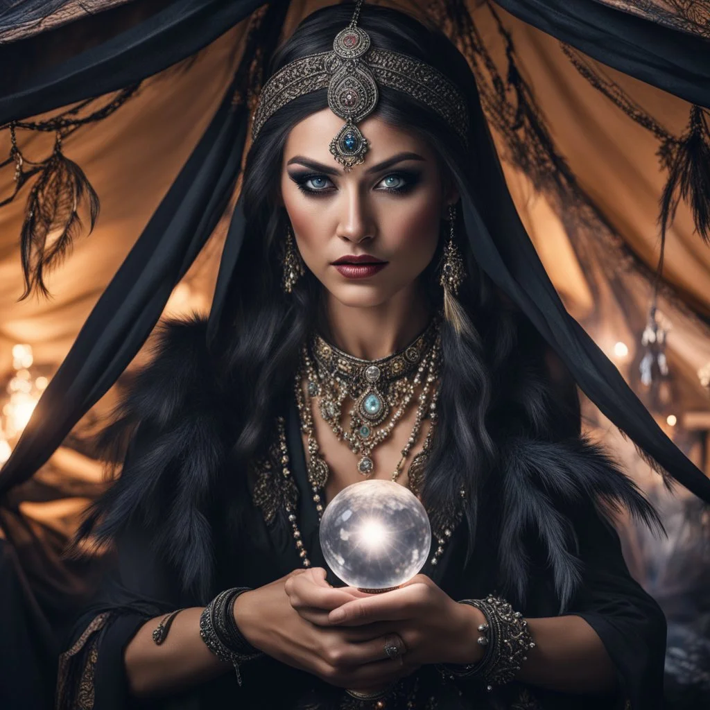 Hyper Realistic photographic-view of Wicked-&-Beautiful-Fortune-teller wearing black-beed-necklace-&-bracelet angrily Looking at her crystal-ball glowing magically & sitting in her tent decorated with fancy-traditional-ornaments-&-feathers showing dramatic & cinematic ambiance"