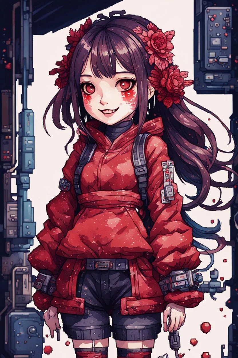 anormal, smile, blood, girl cute, full body, beautiful cyberpunk petit girl, hyperdetailed, behind made 8bits and Pixel Art, watercolor illustration by <Katsushika Hokusai>, darkred tones,