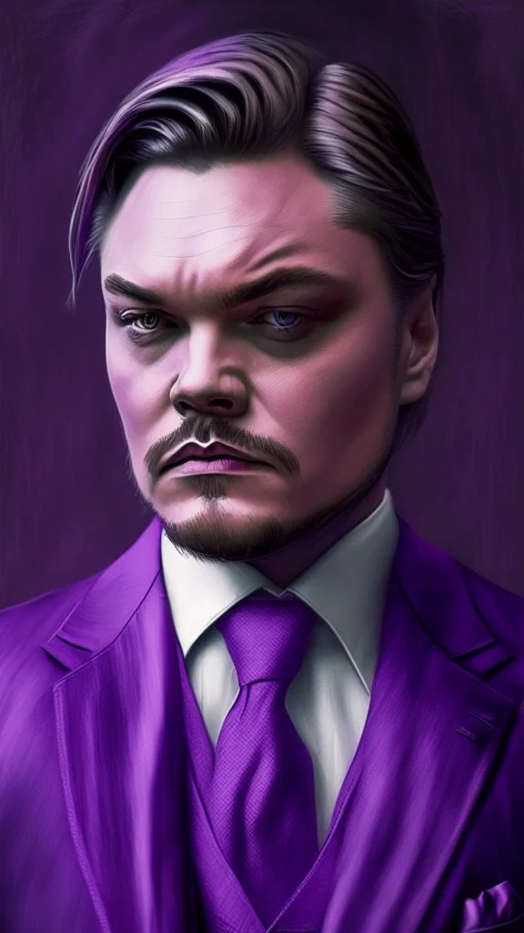 leonardo dicaprio look a like portrait ultra realistic in suit, purple colors