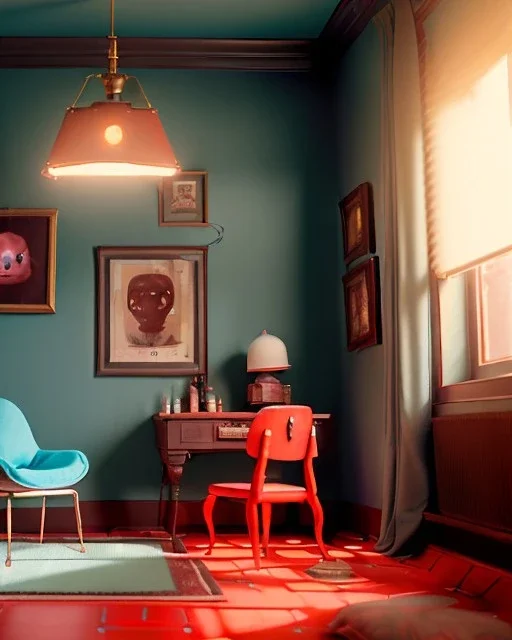 Room scene with color hair monster, Wes Anderson style, realistic photo, sweet, concept art, smooth, unreal engine 5, god lights, ray tracing, RTX, lumen lighting, ultra detail, volumetric lighting, 3d.