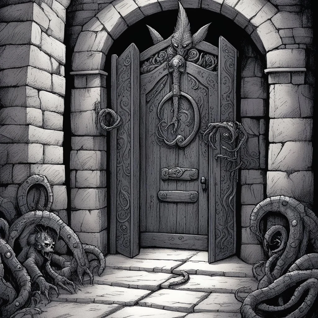 [illustration by Kevin Eastman and Peter Laird] Eliza nods grimly, moving to the door with the key ready. "Be prepared for anything when we open this," she warns, her fingers steady on the ancient iron. The tentacled horrors surge forward, their claws scraping against the stone walls. Markus grunts with effort, his muscles straining against the sealed door. "It's moving!" he shouts, the wood beginning to splinter. A wet, slithering sound fills the stairwell as more creatures emerge from the dar