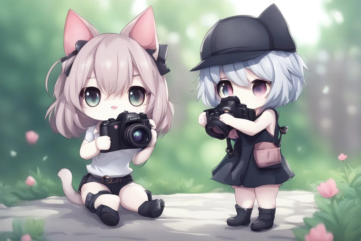 cute chibi photographer cat taking photos about a sexy cat girl