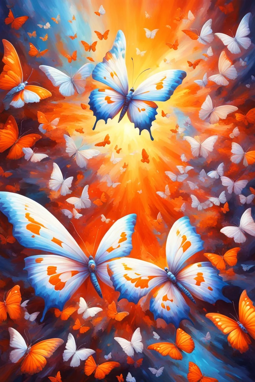 vibrant psychedelic oil painting image, airbrush, 64k, cartoon art image of background ORANGE and WHITE BUTTERFLIES , futurism style