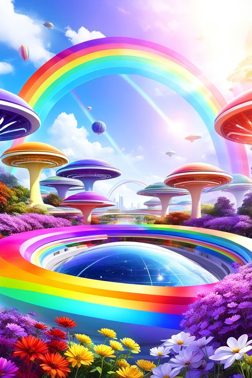 colors, very beautiful, ,flowers garden,rainbow, cité très futuriste ultra moderne, ufos fleet, rainbow intergalactic