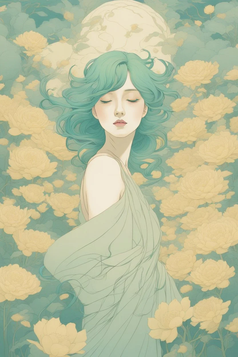 wind blowing from below, portrait of beautiful woman with green hair, loose lines, flowers, pastel yellow and pastel blue, sense of liberation, concept art, art by james jean, takato yamamoto, 4k, concept art, illustrative