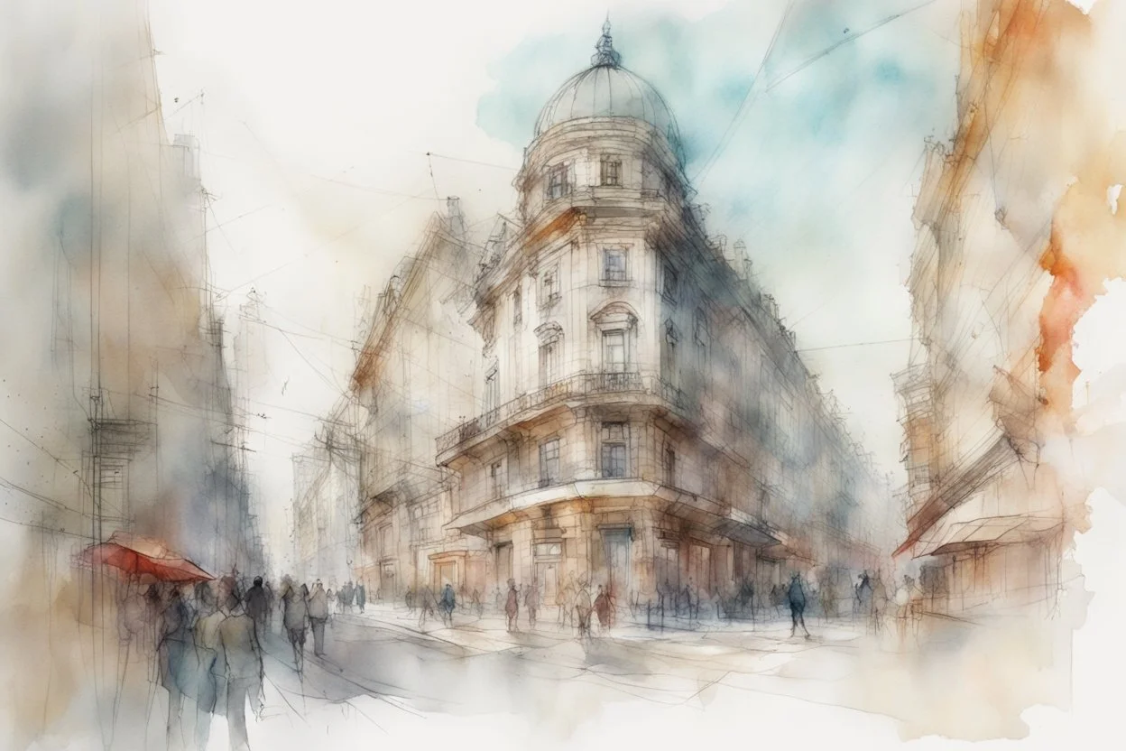 City sketch, watercolor, white background, vibrancy of watercolor wash, highly detailed, with sharp focus and smooth transitions. Carne Griffiths, Wadim Kashim, Carl Larsson, Pascal Blanche, golden ratio, masterpiece, trend on CGSociety and Artstation, bottomless, impressive, something that does not even exist, textures, iridescent scales and luminescent, impressive beauty, pure perfection, divine presence, unforgettable beauty, impressive, impressive, volumetric light, auras, rays, reflections