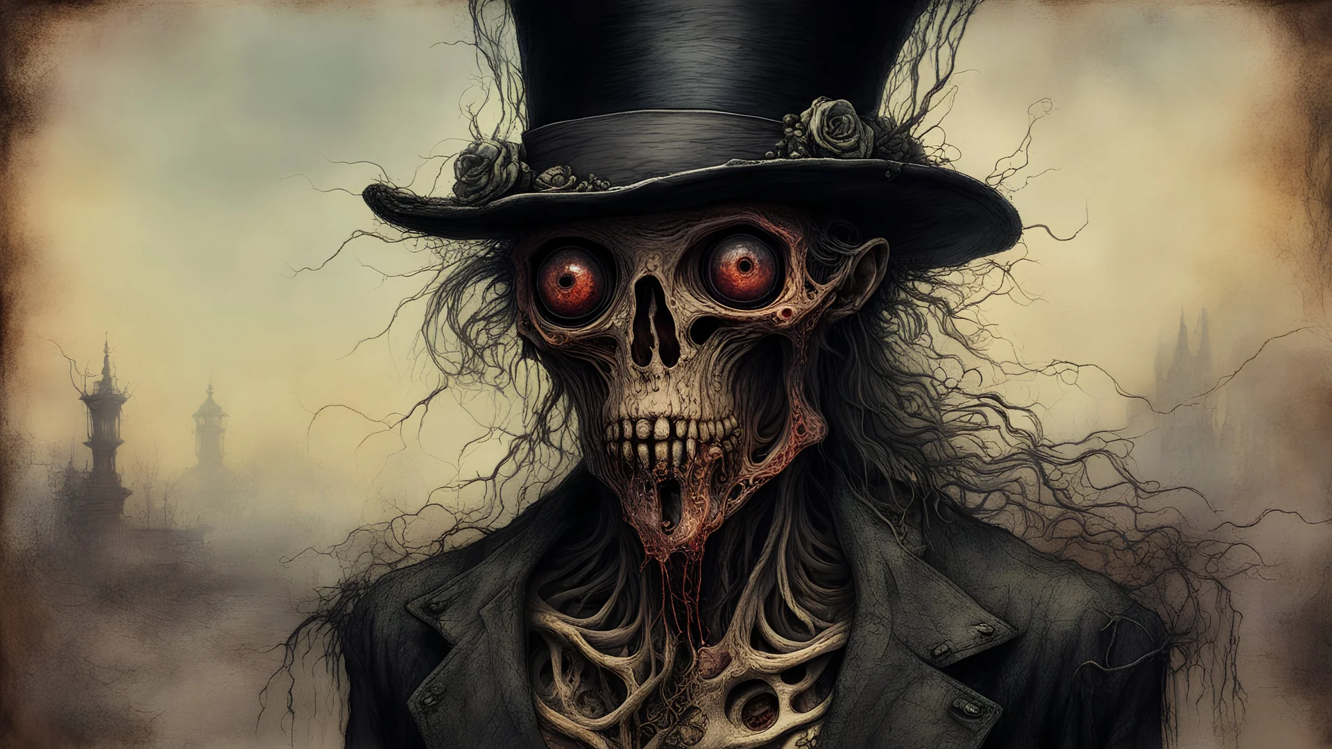 A creepy alian with scarred and rotted skin, Dripping flesh, extremely detailed bulging eyes, steampunk style top hat, Extremely high detail, realistic, fantasy art, solo, bones, masterpiece, saturated colors, tangled, ripped flesh, art by Zdzisław Beksiński, Arthur Rackham, Dariusz Zawadzki,