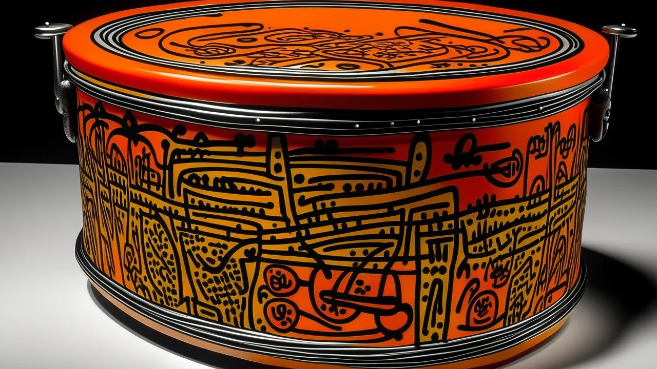 A light orange fire snare drum painted by Keith Haring