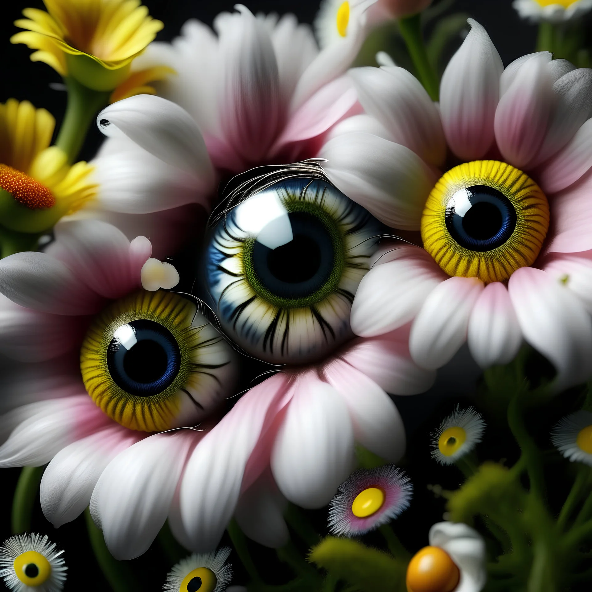 realistic image like a photo of flowers with eyes
