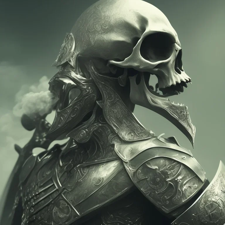 Skull headed knight with armor, Portrait head and shoulders, smoke, realistic, 8K, High Definition, Centered