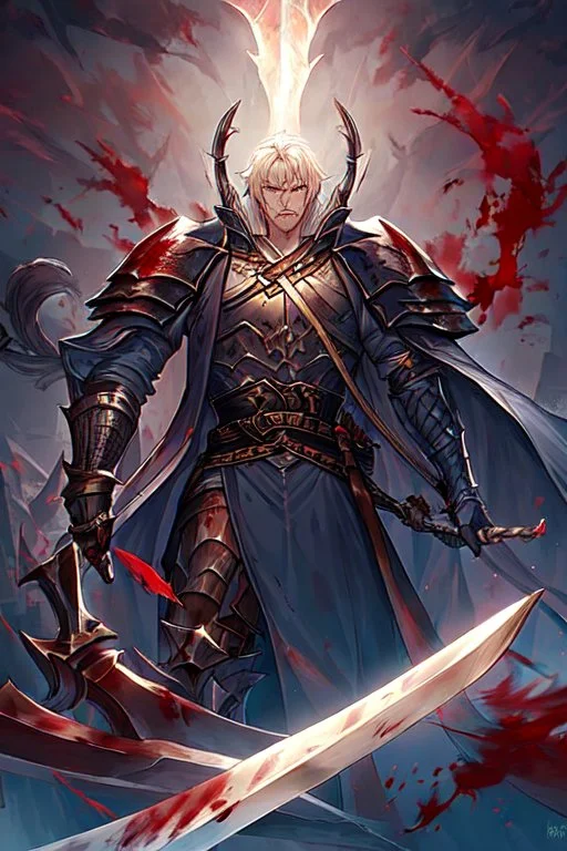 Armored Male Blood Knight Elf by manhwa or korean webtoon style there are lightning and blood spurts around the man, his face pointed at the camera, and with a serious look he lets his opponent know that it's his turn