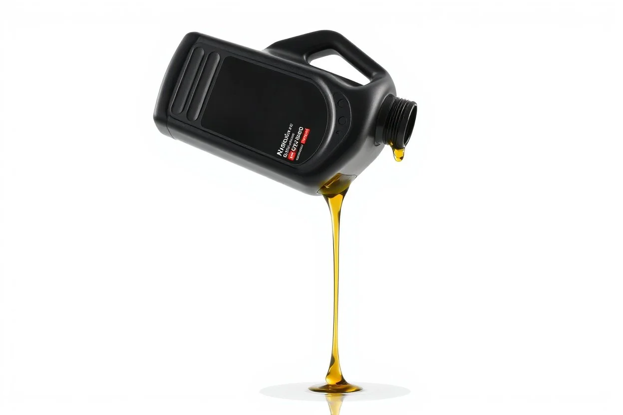 whole bottle(black plastic, 1 liter, generic motor oil) floating on an angle in middle of image while pouring(oil) out of the opening. white background, Smooth vector