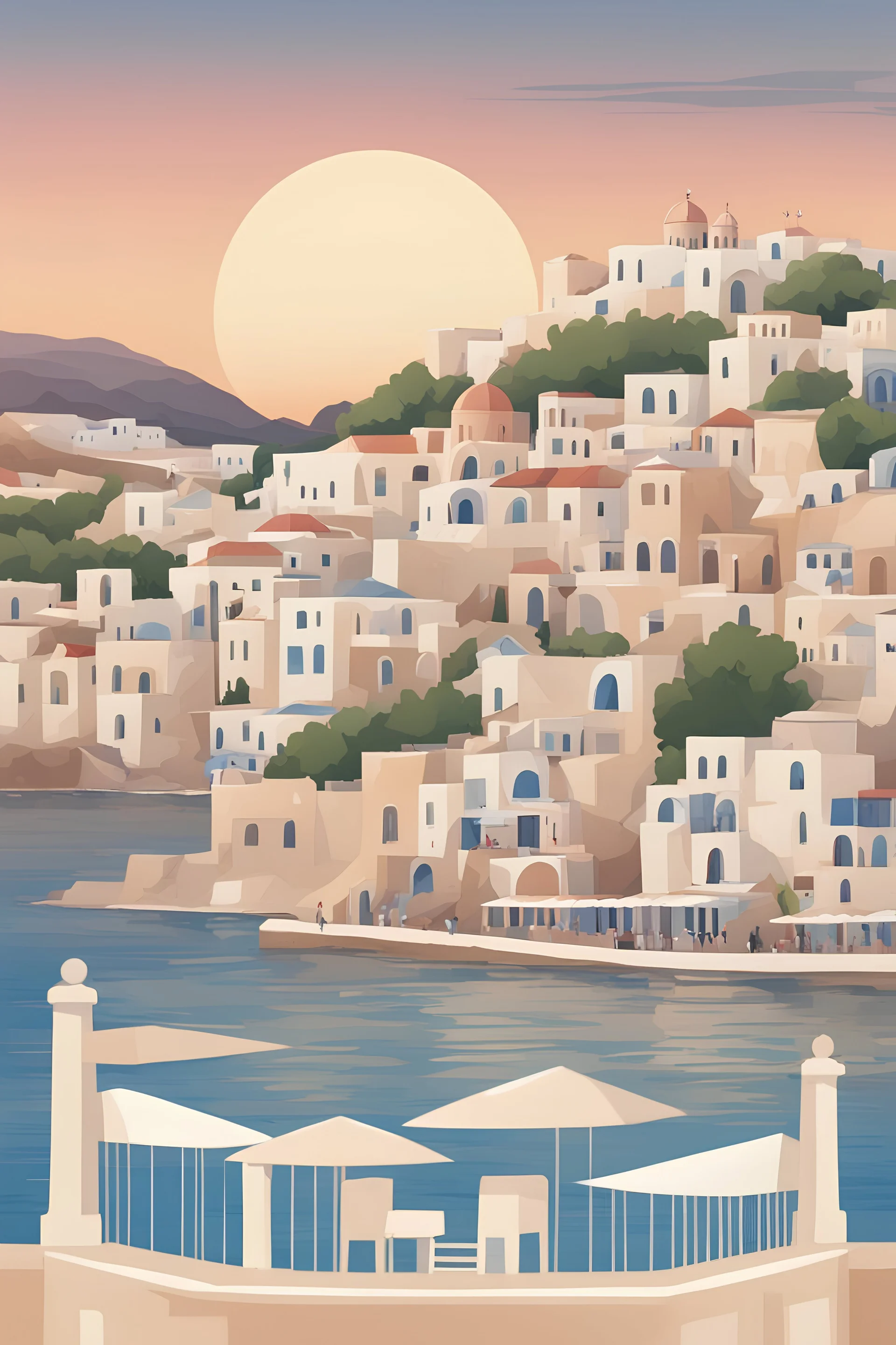 Poster with an greek island facing the sea with a soft sunset, in the center of town a festival with many lights, 2D, skay takes four fives of the picture