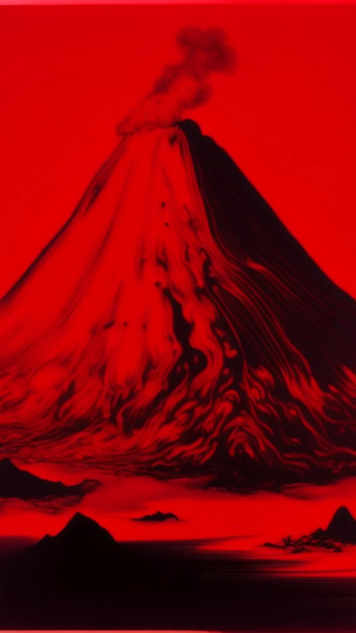 A dark red fiery volcano made out of cinder painted by Andy Warhol