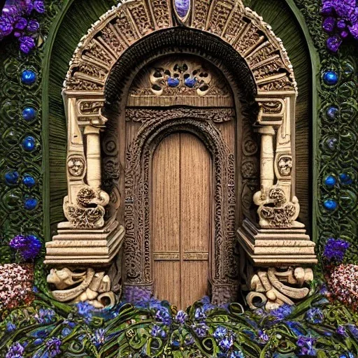 An intricate, elaborate stone portal leads to open galaxy, plants and flowers, milkyway, planets, intricate, ultra-fine detail, 8k, ornate, sharp, crisp, high-quality, 3d, realistic, digital art,